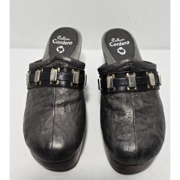 Calleen Cordero Distressed Leather Mule Clog Metallic Platform Wooden Heel SZ 8 - Picture 2 of 9